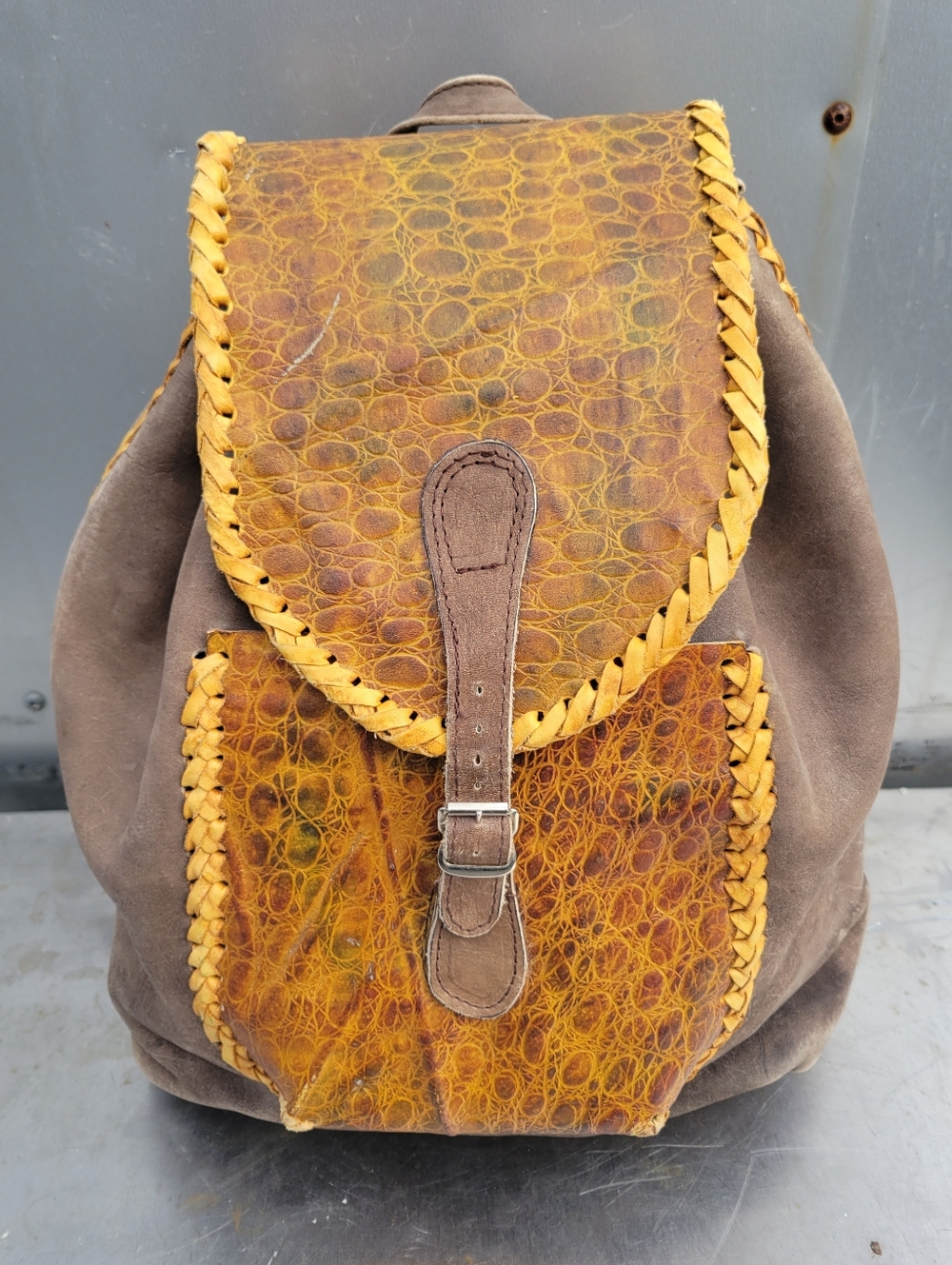 Vintage Leather and Braided straps Backpack Brown
